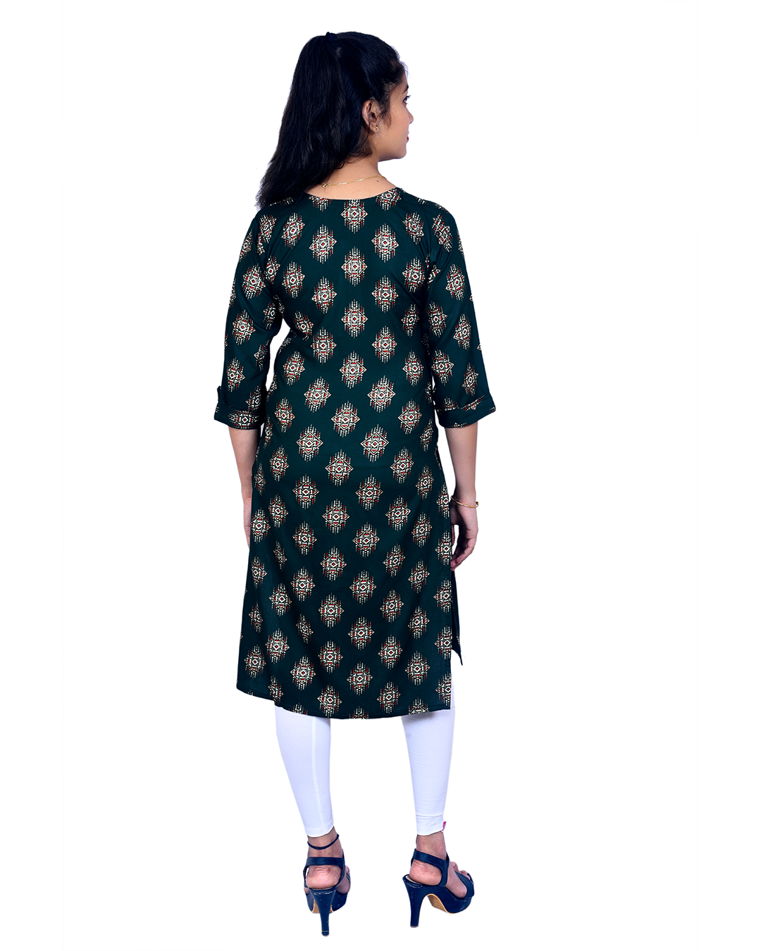 Dark Teal Cotton Kurti for Women – Tribal Geometric Print, Round Neck – Ethnic Daily & Office Wear