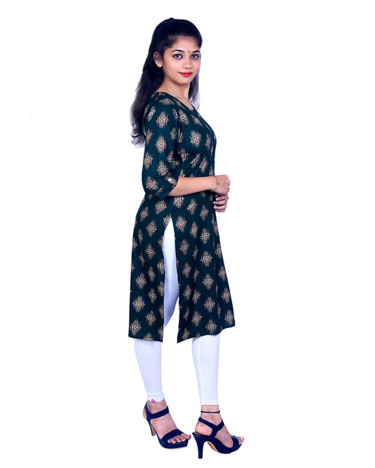Dark Teal Cotton Kurti for Women – Tribal Geometric Print, Round Neck – Ethnic Daily & Office Wear