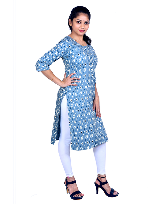 Blue Ikat Print Cotton Kurti – Round Neck, Front Buttons, 3/4 Sleeves – Casual Cotton Kurta for Women