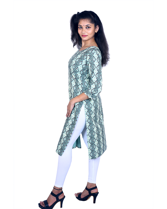 Blue Cotton Kurti for Women – Tribal Geometric Print, 3/4 Sleeves, Ethnic Fusion – Everyday Wear