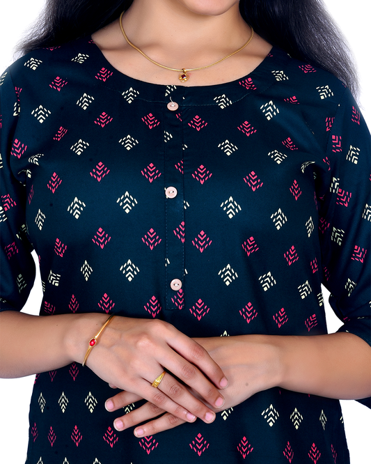 Navy Blue Printed Cotton Kurti – Geometric Block Print, Contrast Buttons – Work & Daily Wear for Women