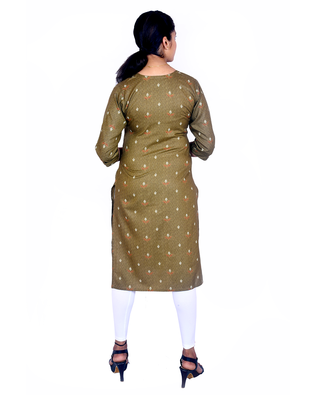Olive Green Cotton Kurti for Women – Floral & Geometric Print, Red Buttons – Festive & Casual Wear