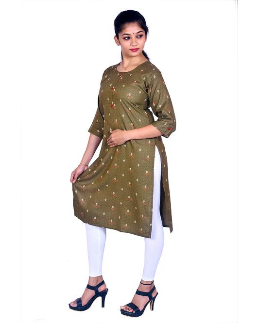 Olive Green Cotton Kurti for Women – Floral & Geometric Print, Red Buttons – Festive & Casual Wear