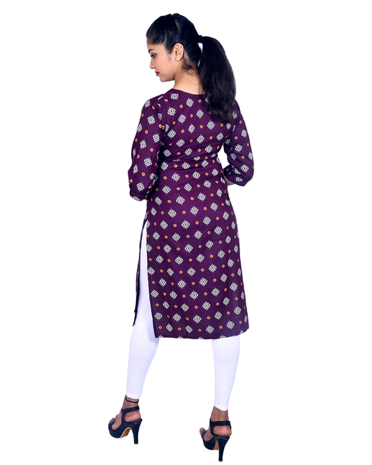 Deep Purple Cotton Kurti – Tribal Print, Wooden Buttons, 3/4 Sleeves – Ethnic Casual Wear for Women