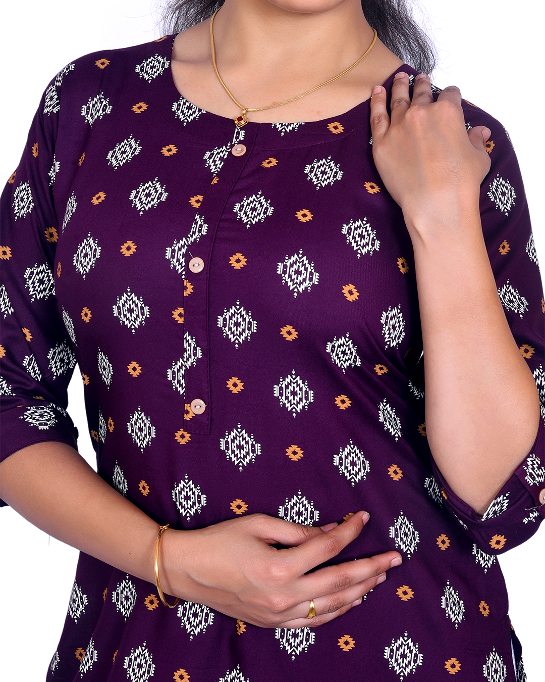 Deep Purple Cotton Kurti – Tribal Print, Wooden Buttons, 3/4 Sleeves – Ethnic Casual Wear for Women
