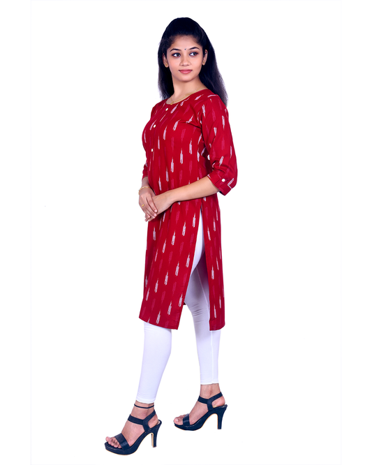 Maroon Cotton Kurti for Women – Minimal White Print, Round Neck, Front Button – Office & Everyday Wear