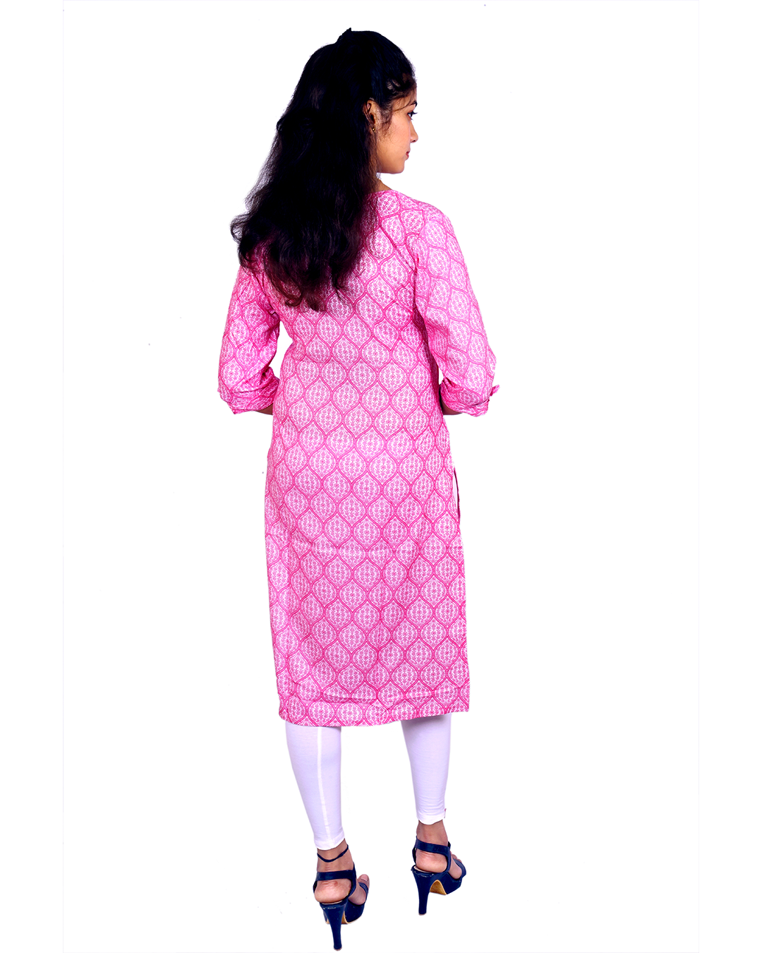 Rose Pink Cotton Kurti for Women – Ethnic Floral Print, Button-Down, 3/4 Sleeves – Daily & Festive Use