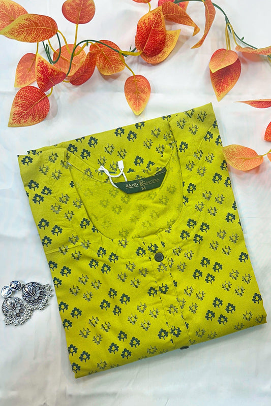 Women's Yellow Ryan Cotton Kurti – Bright Blossom Charm with Round Neckline