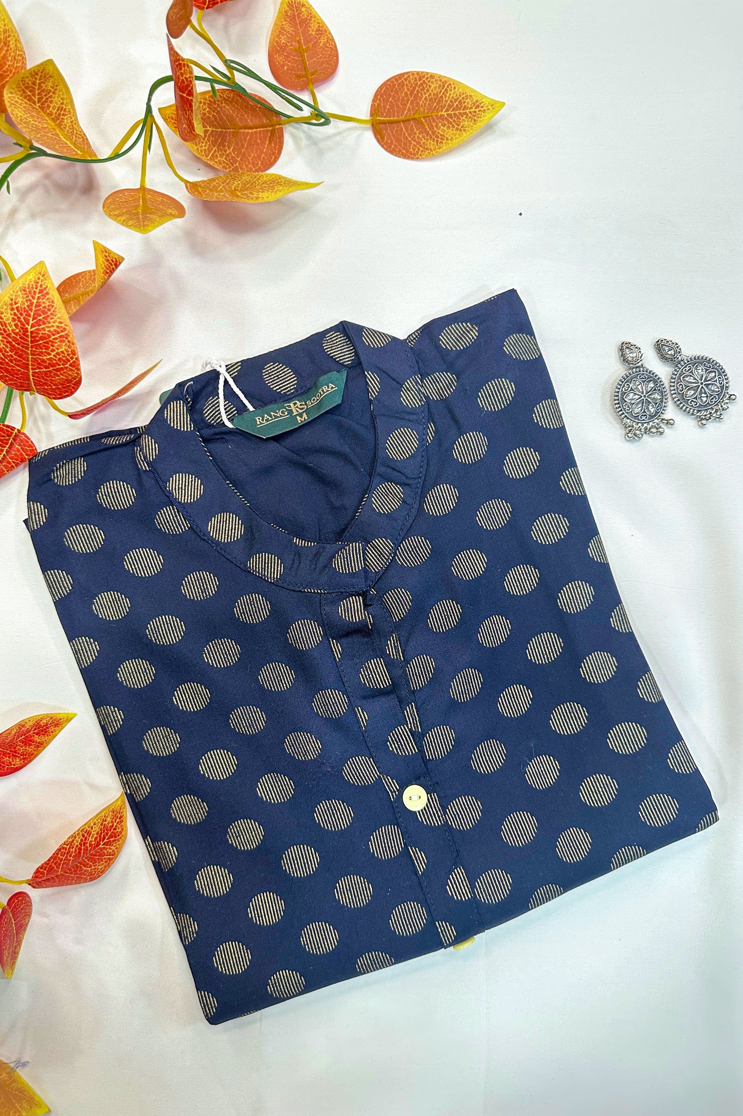 Women's Navy Blue Ryan Cotton Kurti – Timeless Polka Glam with Mandarin Neckline