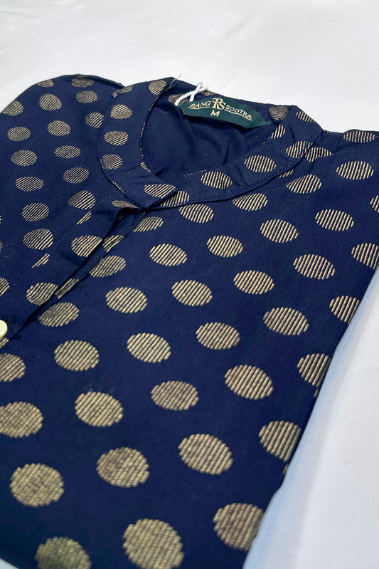 Women's Navy Blue Ryan Cotton Kurti – Timeless Polka Glam with Mandarin Neckline