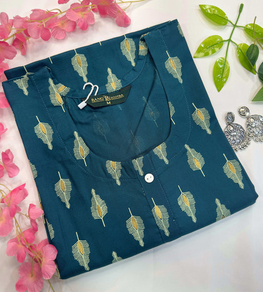 Women's Teal Blue Ryan Cotton Kurti – Contemporary Ikat Fusion with Scoop Neckline