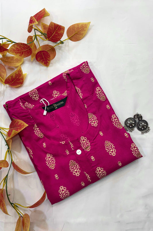 Women's Magenta Ryan Cotton Kurti – Festive Bloom Print with Elegant Button Detail