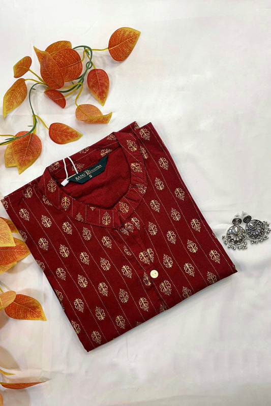 Women's Maroon Ryan Cotton Kurti – Vertical Elegance with Mughal-Inspired Motifs