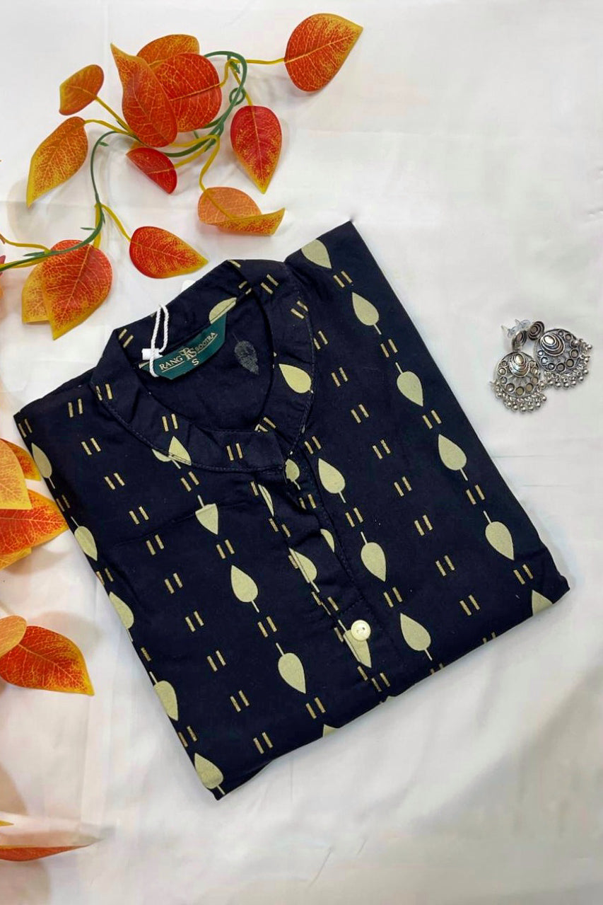 Women's Black Ryan Cotton Kurti – Linear Ikat-Inspired Elegance with Mandarin Neckline