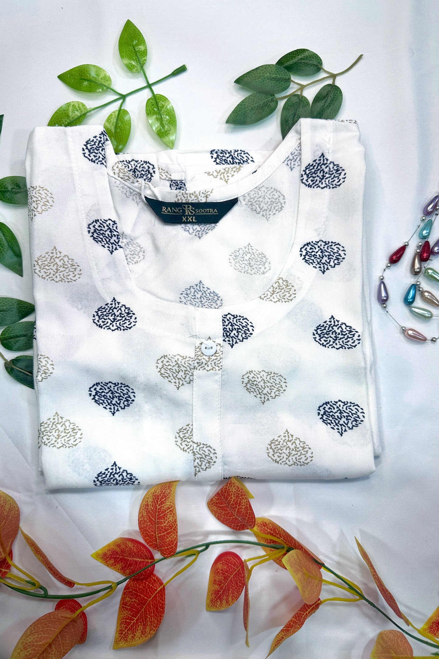 Women's White Ryan Cotton Kurti – Subtle Mughal Motif Elegance with Scoop Neckline