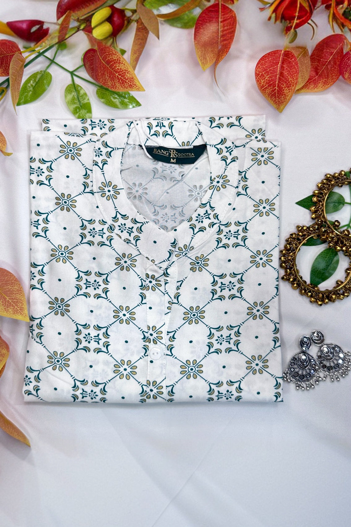 Women's White & Olive Green Printed Ryan Cotton Kurti – Elegant Minimalism with Mandarins & Florals