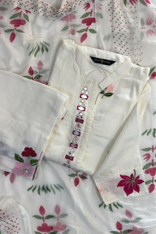 White Embroidered Mirror-Work Festive Kurta Set – Rang Sootra Charm
