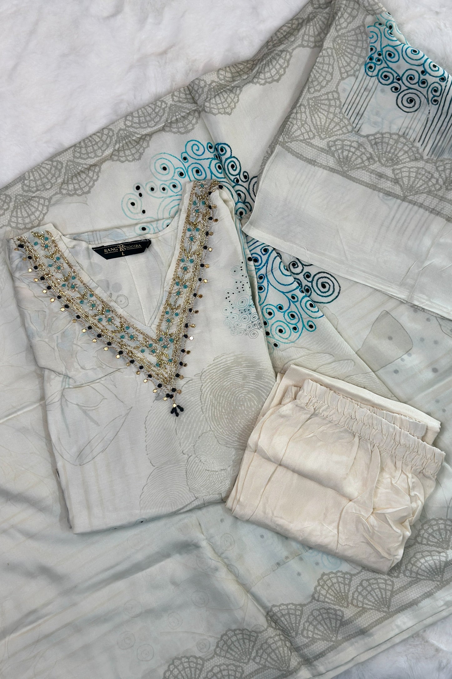 Ivory & Aqua Embroidered Festive Kurta Set – Rang Sootra Serenity