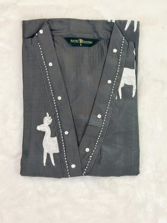 Women’s Grey Embroidered Co-ord Set – Classic Elegance with a Twist