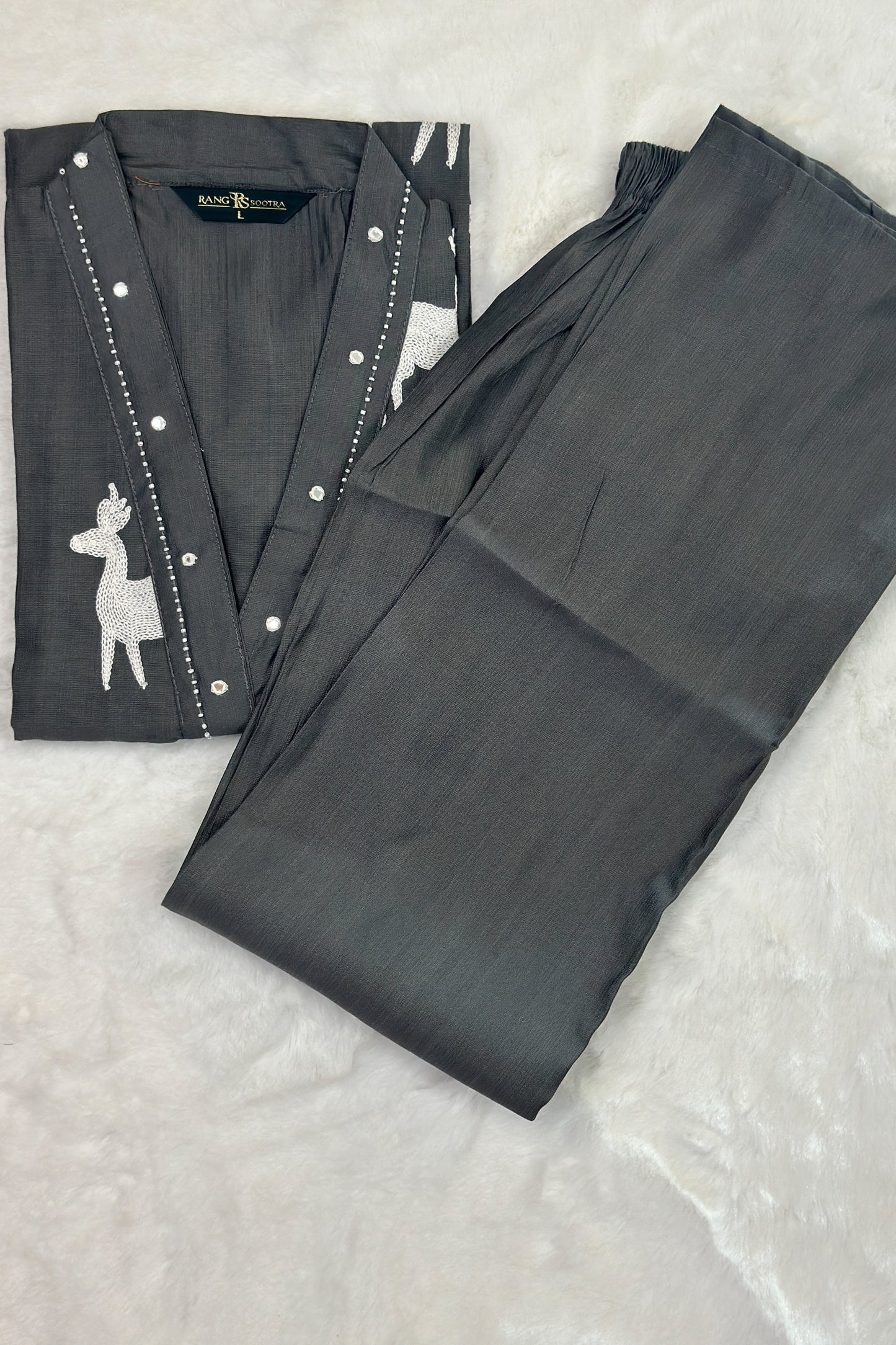 Women’s Grey Embroidered Co-ord Set – Classic Elegance with a Twist