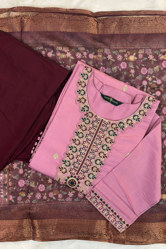 Pastel Pink Festive Kurta Set with Embroidered Neckline & Wine Dupatta – Rang Sootra Charm