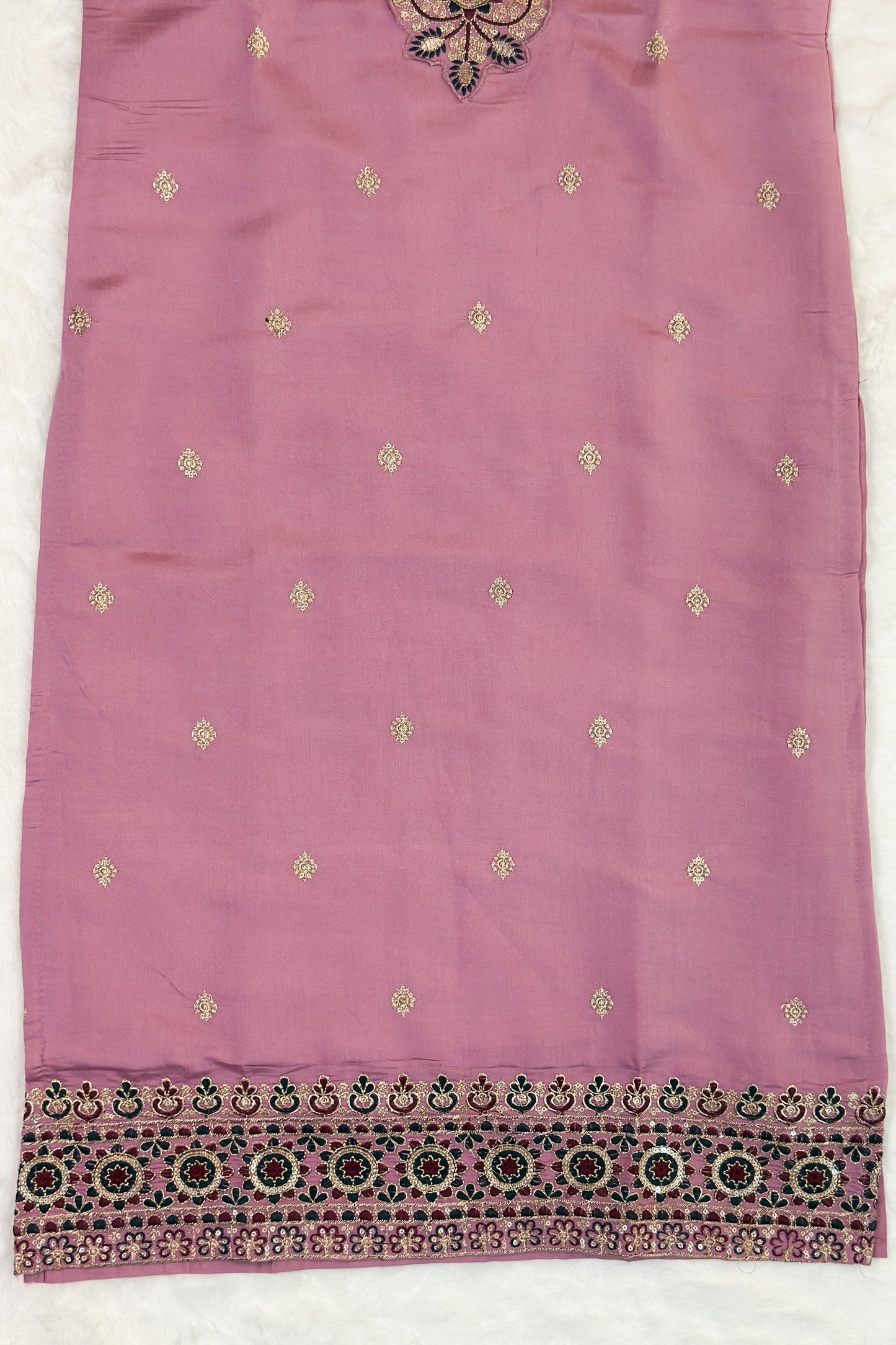 Pastel Pink Festive Kurta Set with Embroidered Neckline & Wine Dupatta – Rang Sootra Charm