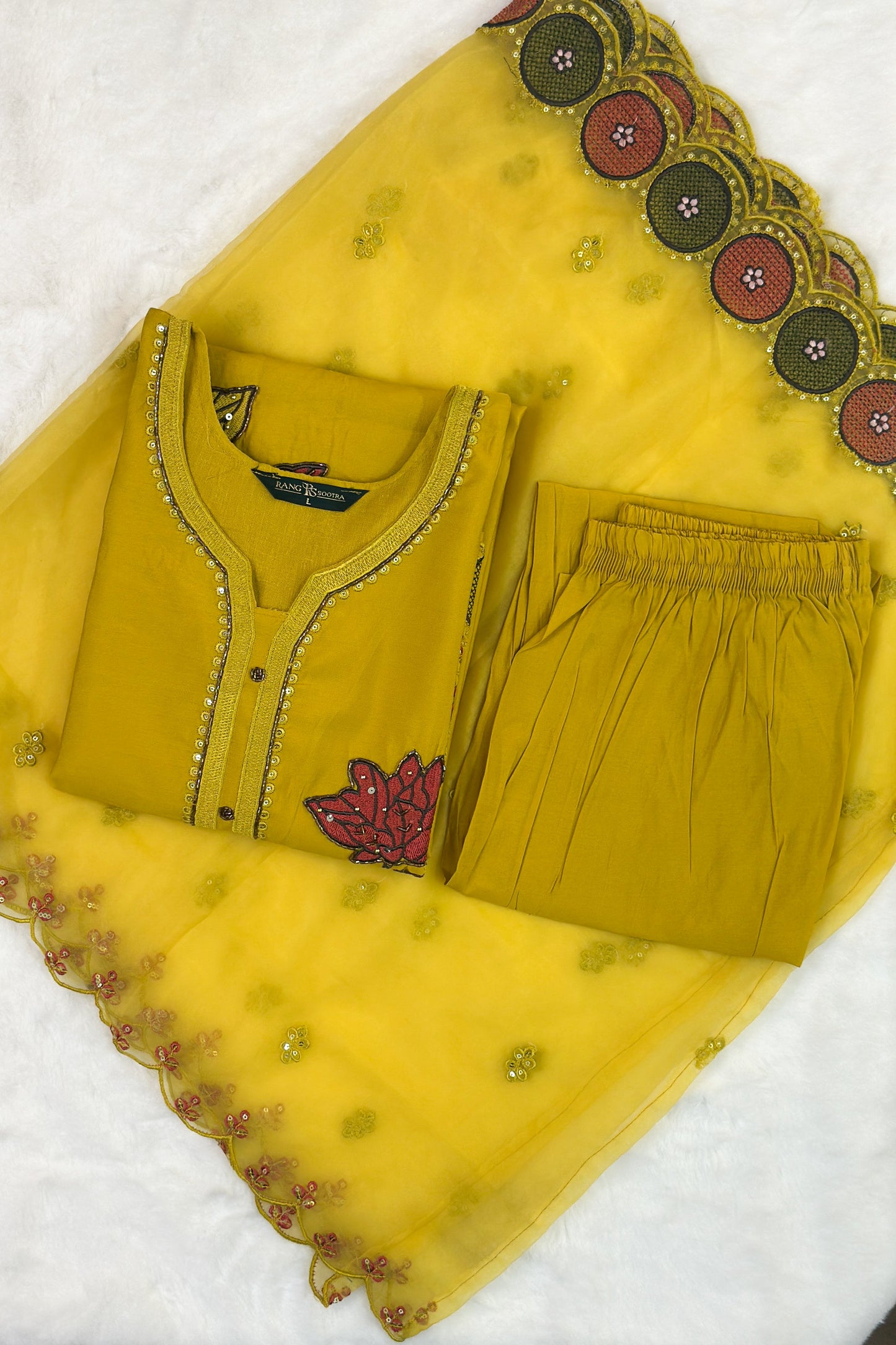 Mustard Yellow Festive Kurta Set with Mirror & Lotus Embroidery – Rang Sootra Radiance