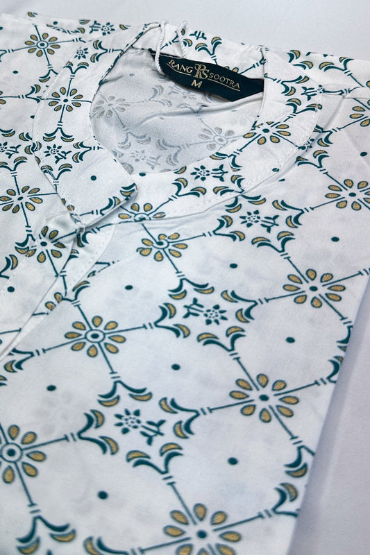 Women's White & Olive Green Printed Ryan Cotton Kurti – Elegant Minimalism with Mandarins & Florals