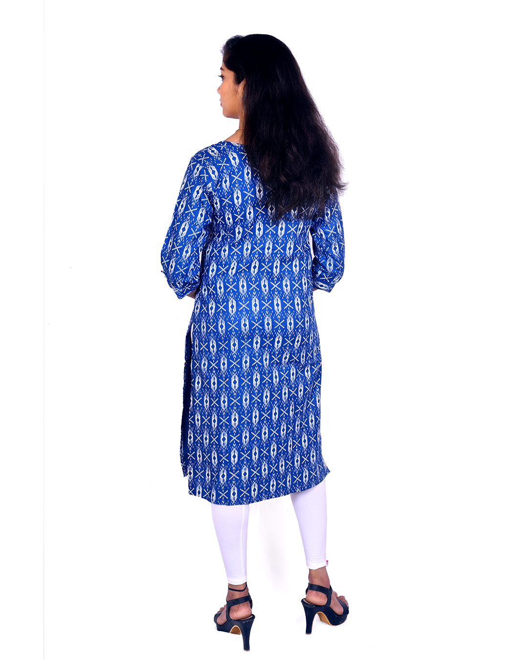 Indigo Blue Cotton Kurti for Women – Ikat Print, Round Neck, 3/4 Sleeves – Casual & Office Wear