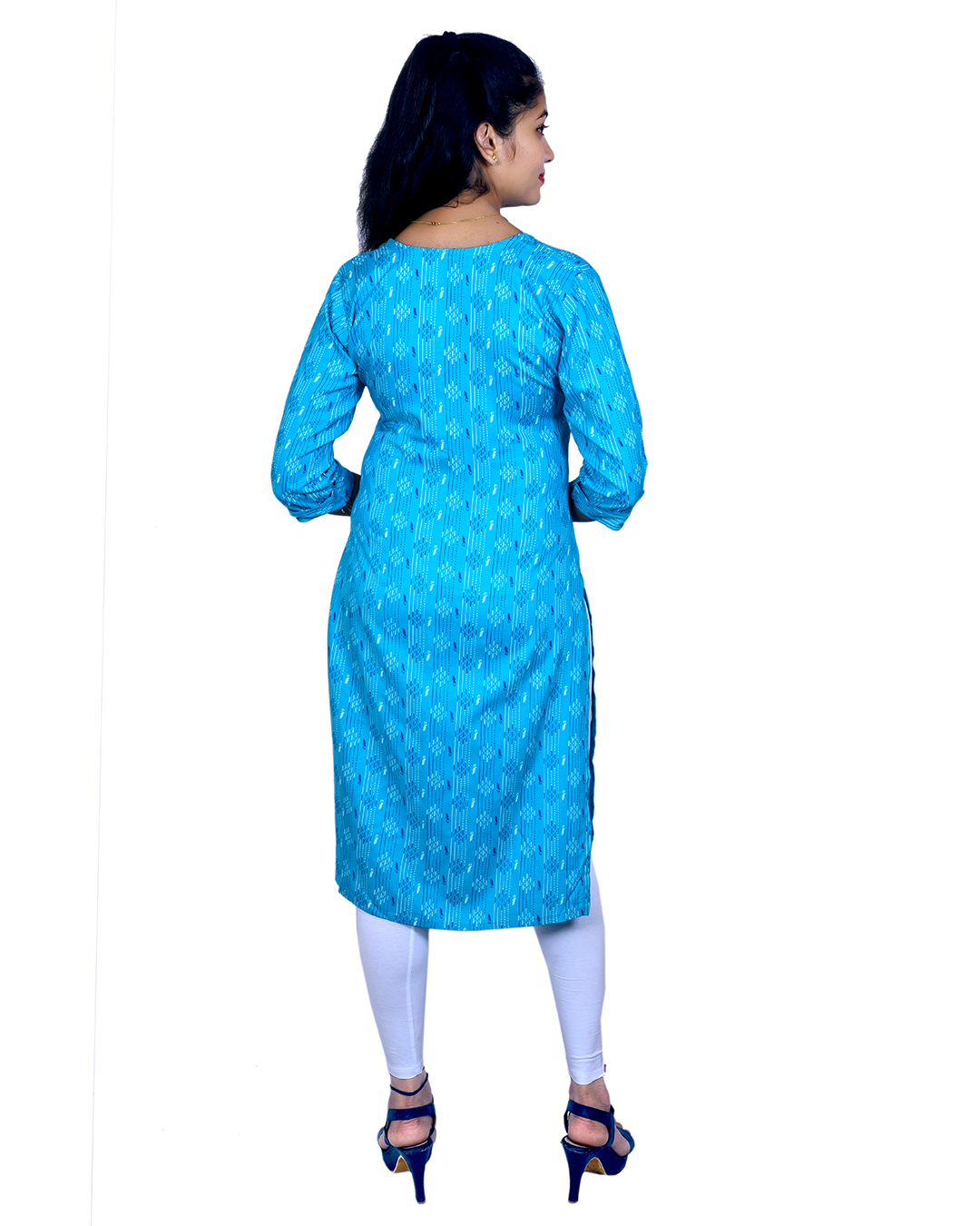 Sky Blue Cotton Kurti for Women – Abstract Line Print, 3/4 Sleeves – Light Casual Summer Wear