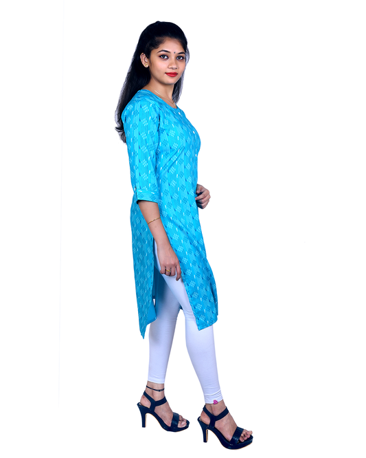 Sky Blue Cotton Kurti for Women – Abstract Line Print, 3/4 Sleeves – Light Casual Summer Wear