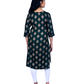 Dark Teal Cotton Kurti for Women – Tribal Geometric Print, Round Neck – Ethnic Daily & Office Wear
