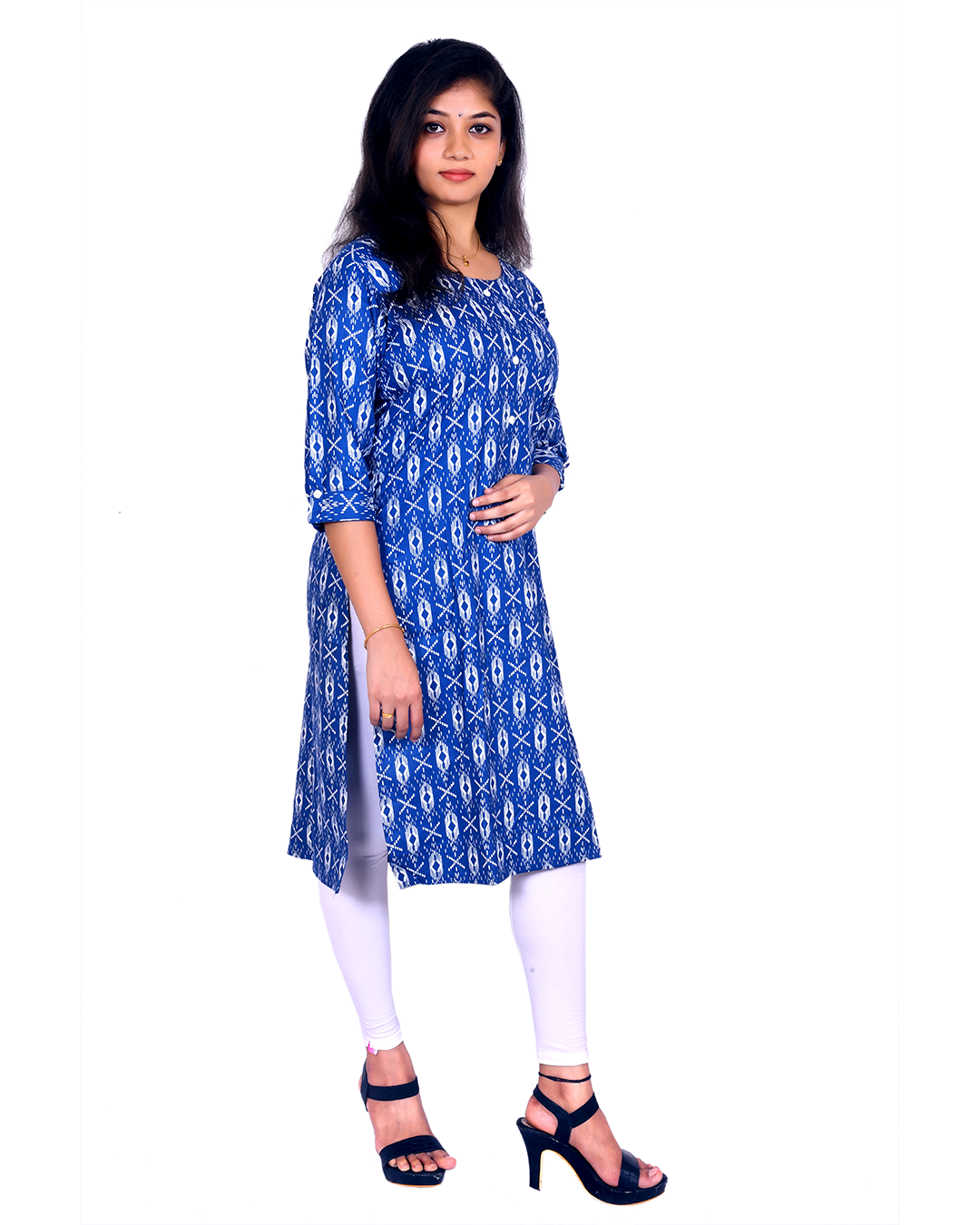 Indigo Blue Cotton Kurti for Women – Ikat Print, Round Neck, 3/4 Sleeves – Casual & Office Wear
