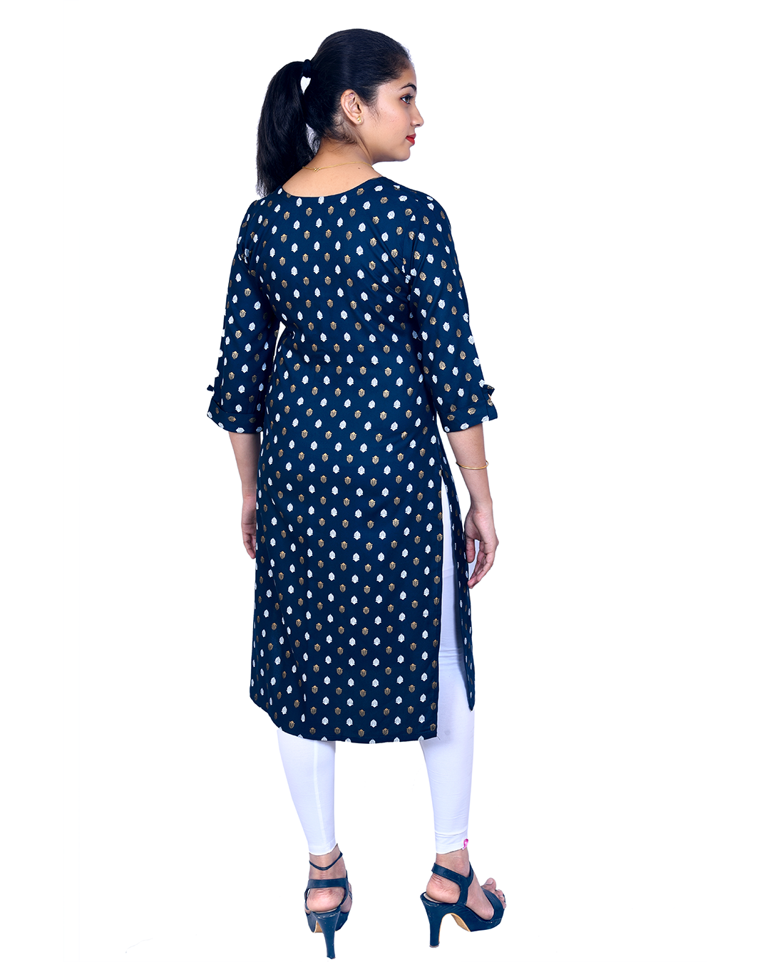 Navy Blue Cotton Kurti for Women – Gold & White Leaf Print, 3/4 Sleeves – Workwear & Casual Look