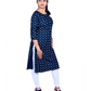 Navy Blue Cotton Kurti for Women – Gold & White Leaf Print, 3/4 Sleeves – Workwear & Casual Look