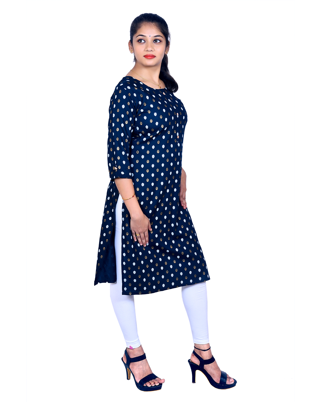 Navy Blue Cotton Kurti for Women – Gold & White Leaf Print, 3/4 Sleeves – Workwear & Casual Look