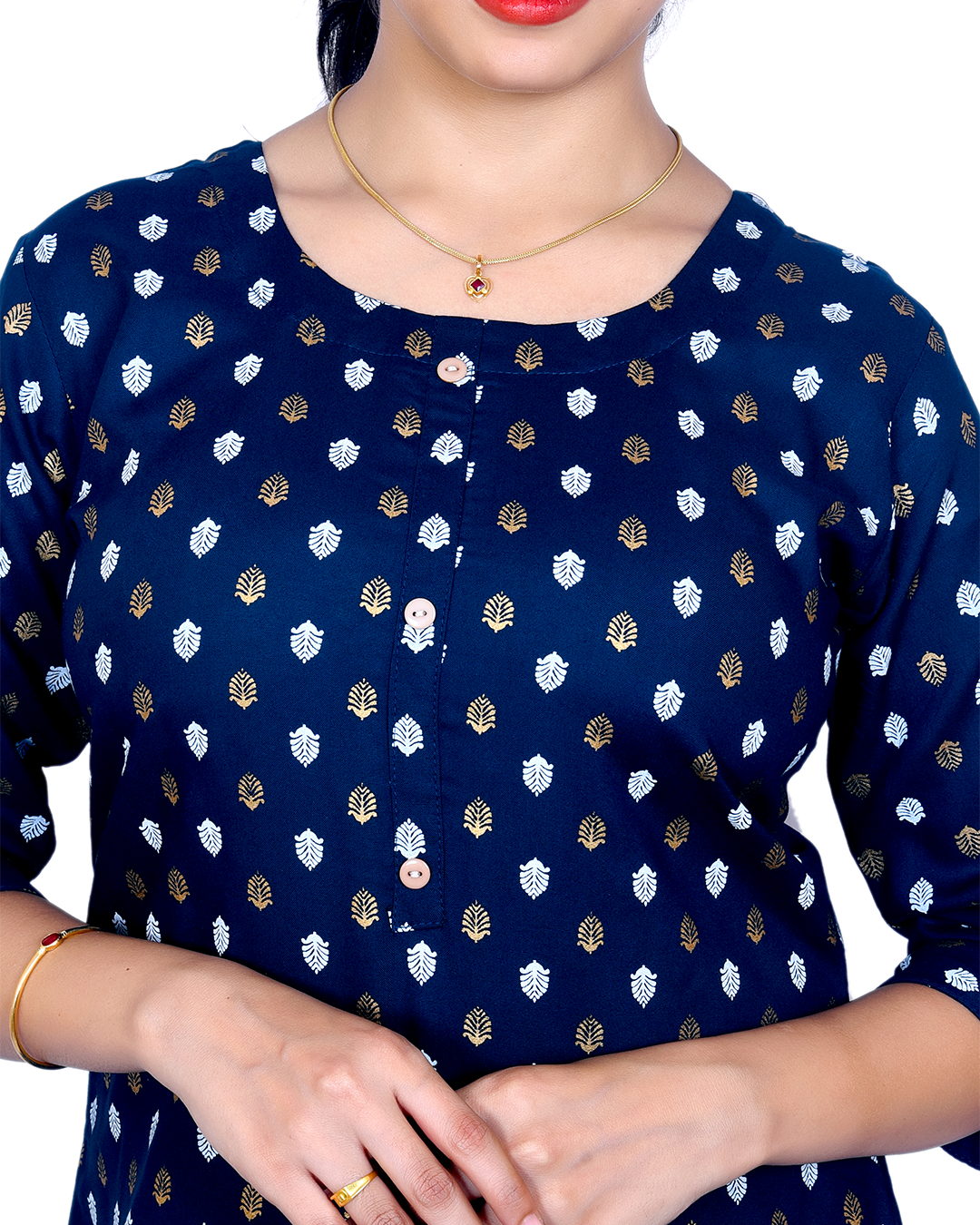 Navy Blue Cotton Kurti for Women – Gold & White Leaf Print, 3/4 Sleeves – Workwear & Casual Look