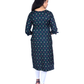 Navy Blue Printed Cotton Kurti – Geometric Block Print, Contrast Buttons – Work & Daily Wear for Women