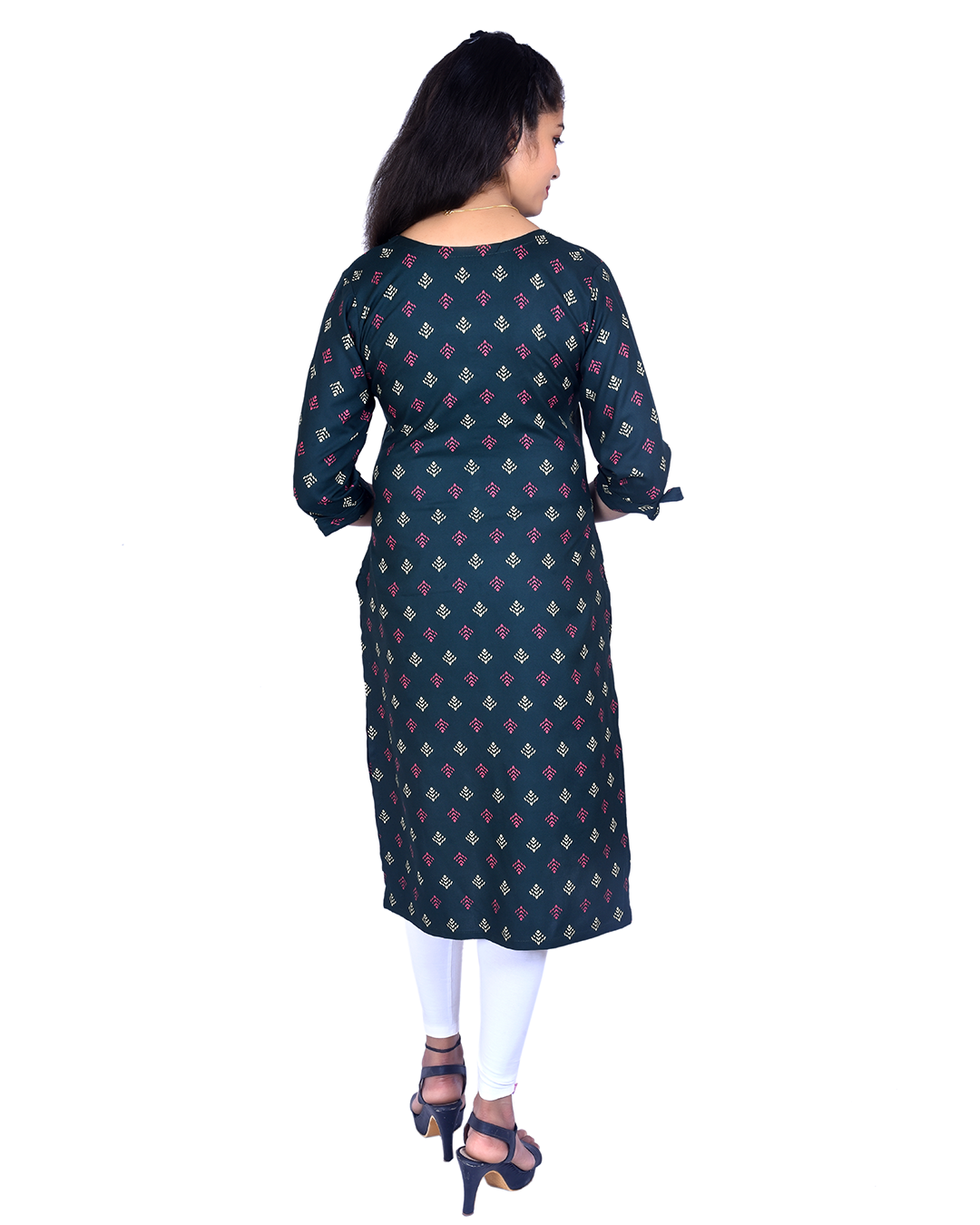 Navy Blue Printed Cotton Kurti – Geometric Block Print, Contrast Buttons – Work & Daily Wear for Women