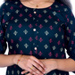 Navy Blue Printed Cotton Kurti – Geometric Block Print, Contrast Buttons – Work & Daily Wear for Women