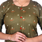 Olive Green Cotton Kurti for Women – Floral & Geometric Print, Red Buttons – Festive & Casual Wear