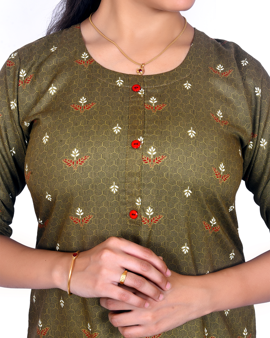 Olive Green Cotton Kurti for Women – Floral & Geometric Print, Red Buttons – Festive & Casual Wear