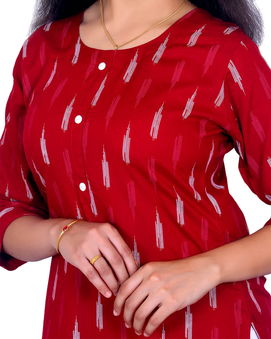 Maroon Cotton Kurti for Women – Minimal White Print, Round Neck, Front Button – Office & Everyday Wear