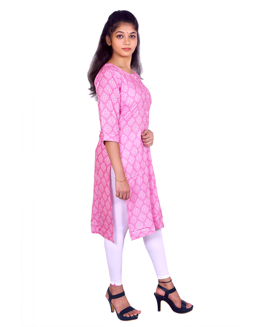 Rose Pink Cotton Kurti for Women – Ethnic Floral Print, Button-Down, 3/4 Sleeves – Daily & Festive Use