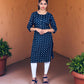 Navy Blue Cotton Kurti for Women – Gold & White Leaf Print, 3/4 Sleeves – Workwear & Casual Look