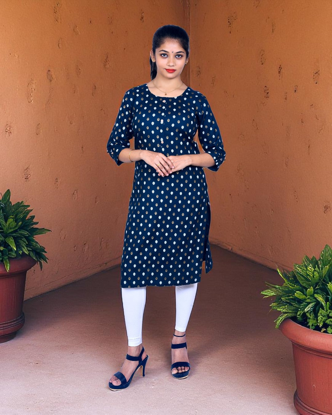 Navy Blue Cotton Kurti for Women – Gold & White Leaf Print, 3/4 Sleeves – Workwear & Casual Look