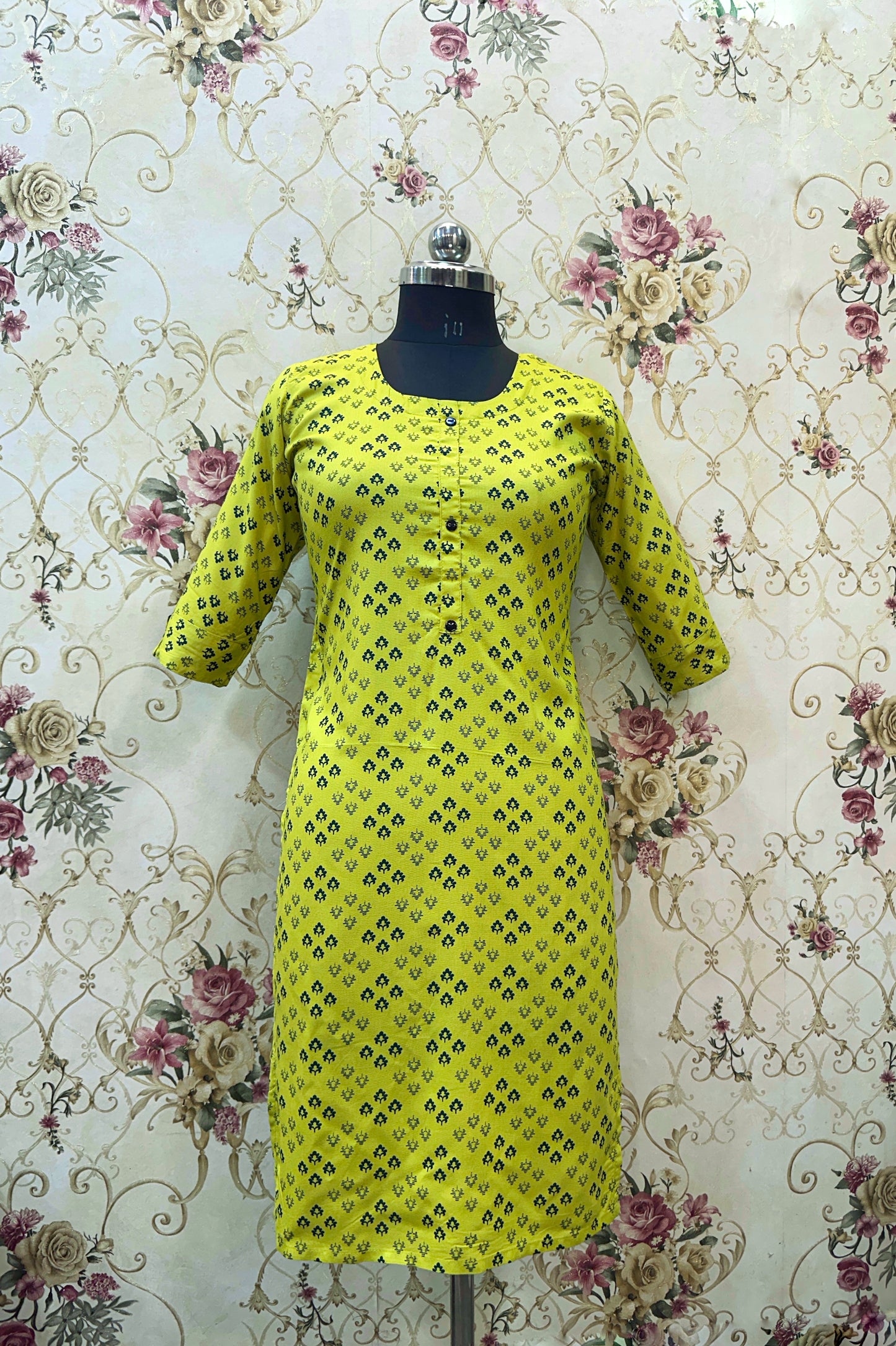 Women's Yellow Ryan Cotton Kurti – Bright Blossom Charm with Round Neckline