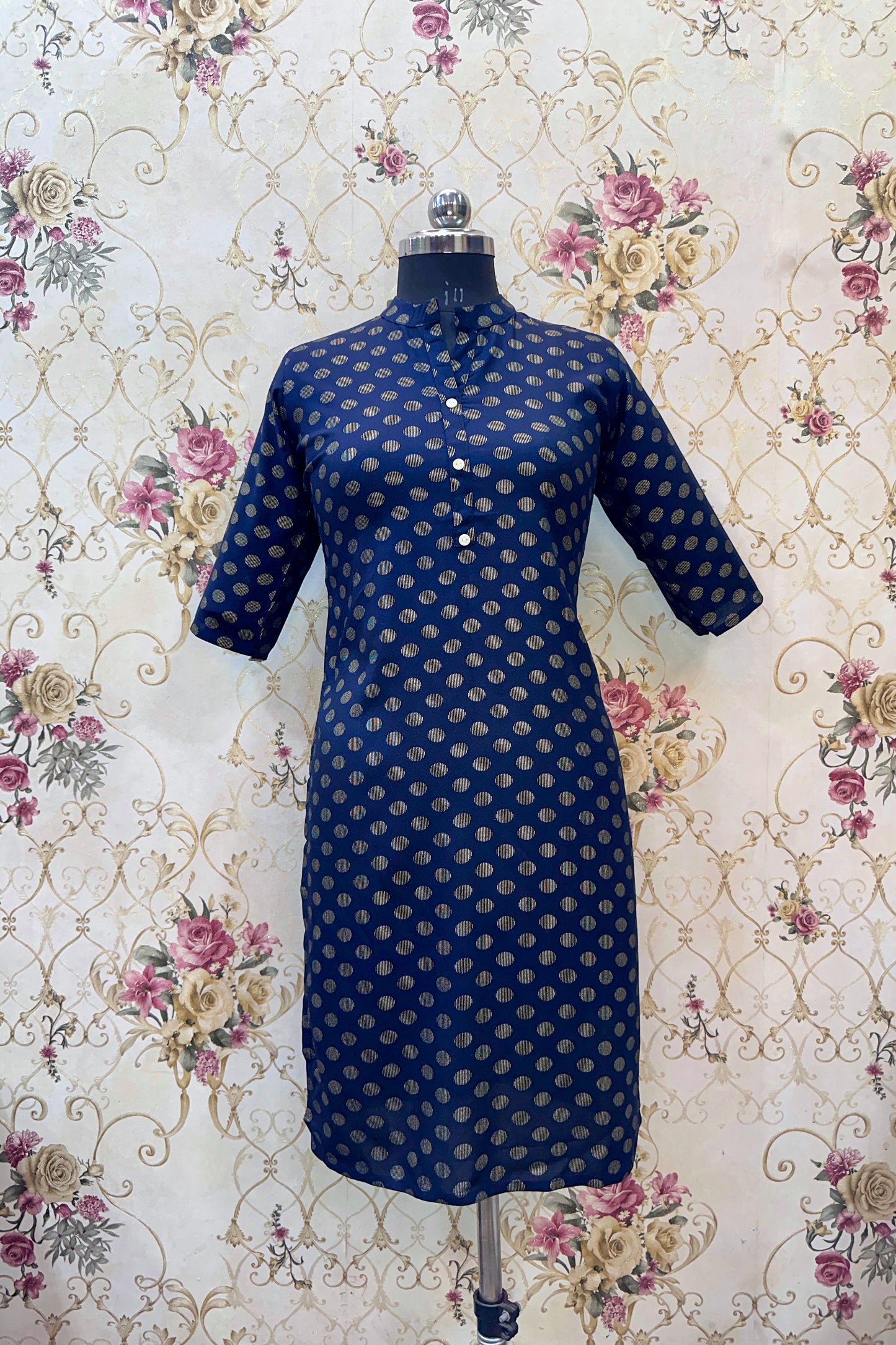 Women's Navy Blue Ryan Cotton Kurti – Timeless Polka Glam with Mandarin Neckline
