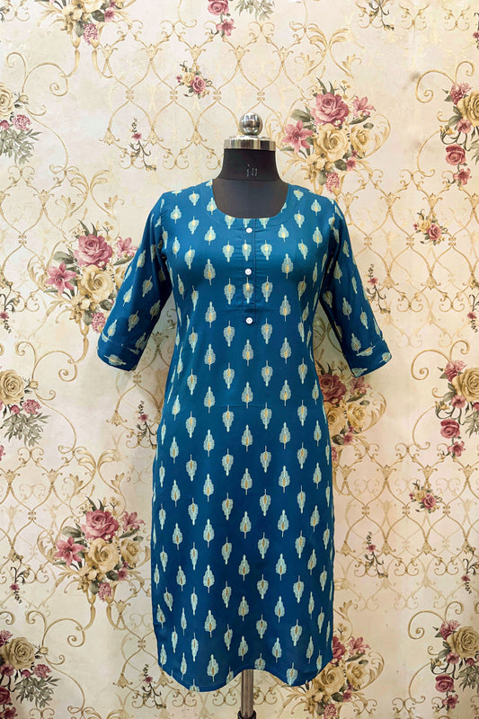 Women's Teal Blue Ryan Cotton Kurti – Contemporary Ikat Fusion with Scoop Neckline