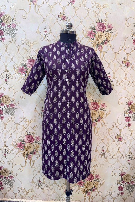Women's Plum Purple Ryan Cotton Kurti – Royal Heritage Prints with Mandarin Collar